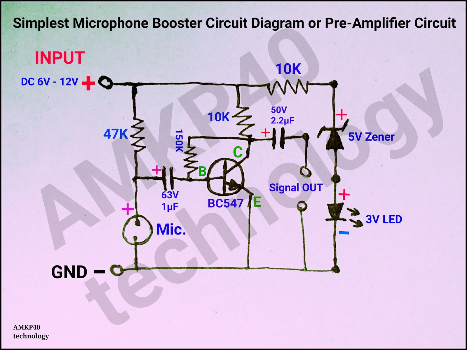 Simplest Microphone Booster Circuit or Pre-Amplifier Circuit Diagram