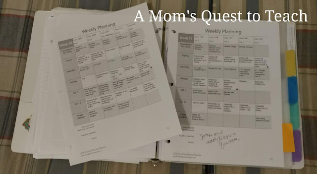 A Mom's Quest to Teach: A Fantastic Fit for Homeschooling Our High School Student: A Review of SchoolhouseTeachers.com – So many great options for our high school sophomore as well as our preschooler and kindergartner. #homeschool #homeschooling #onlineeducation SchoolhouseTeachers.com Weekly Planner filled out