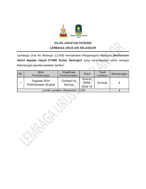 Jawatan Kosong Terkini di Lembaga Urus Air Selangor (LUAS).