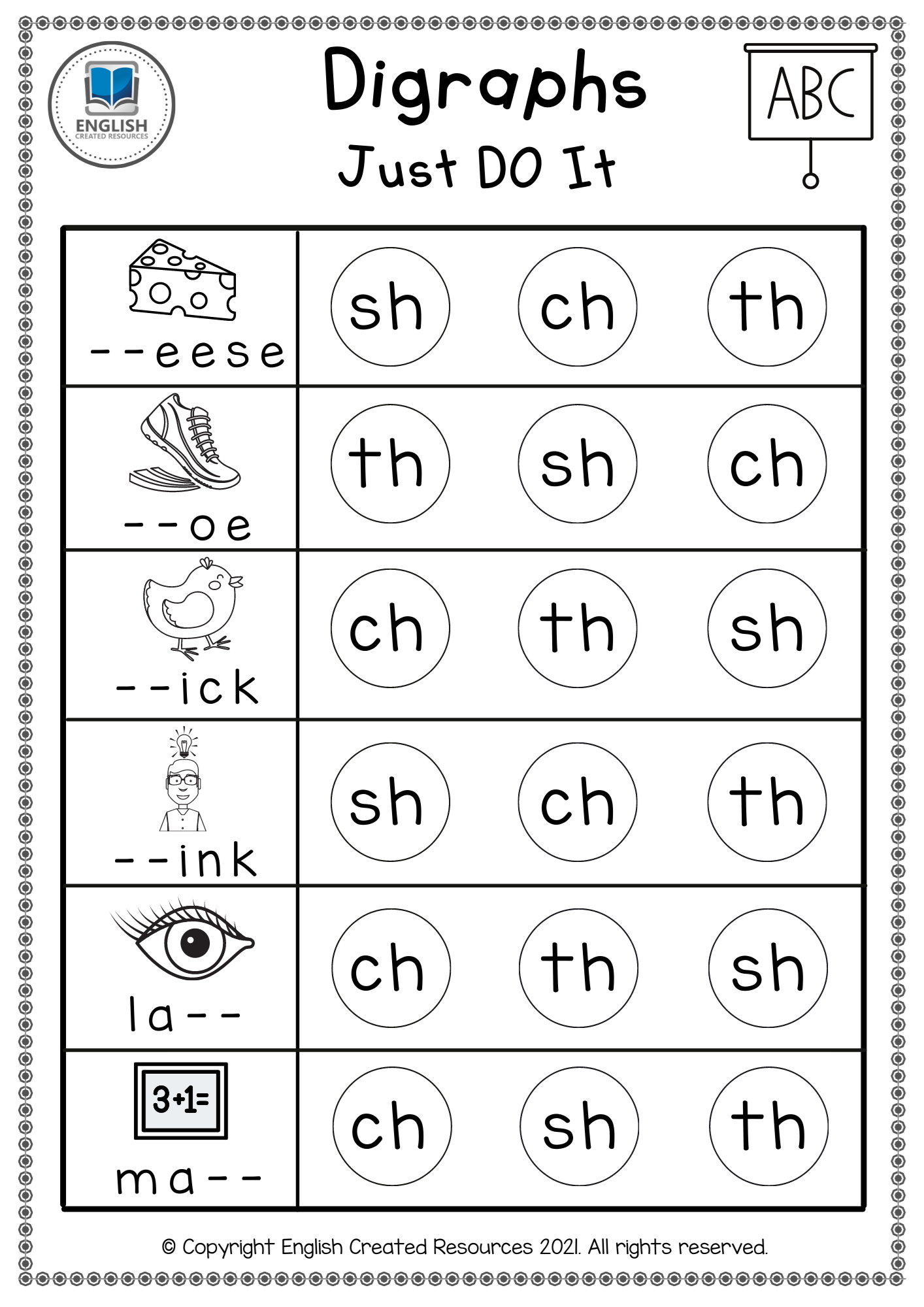 English Digraphs Worksheets