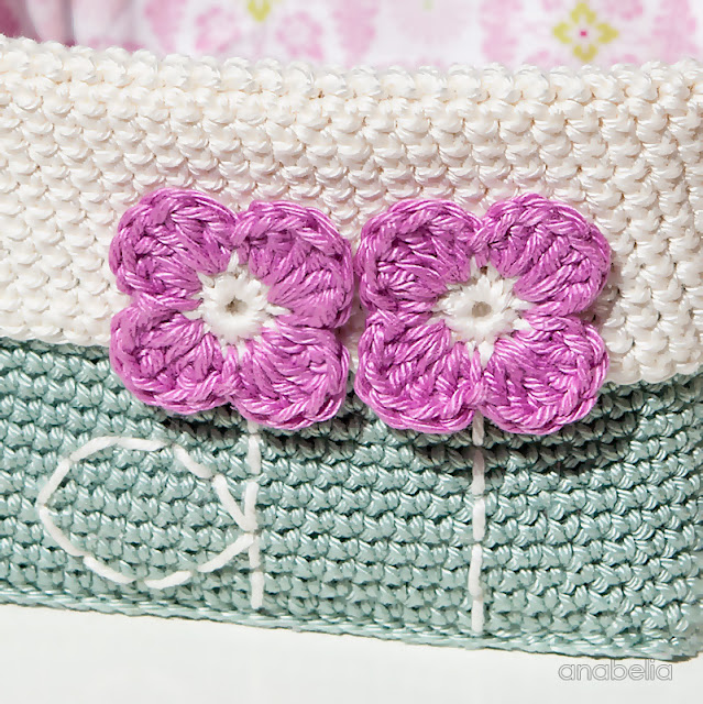 Square based crochet basket with tiny spring flowers by Anabelia Craft Design