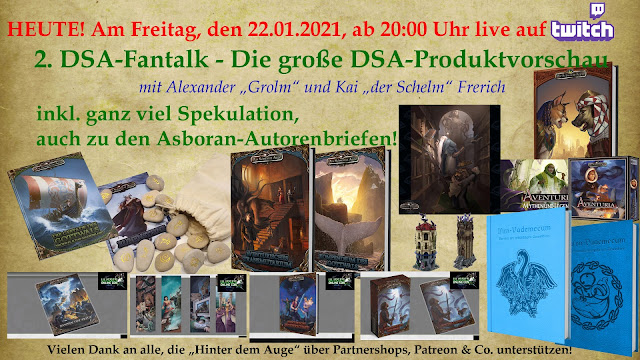 Heute Abend um 20 Uhr: Der 2. DSA-LIVE-Fantalk mit der großen DSA-Produktvorschau und -Spekulation mit Schelm und Grolm!