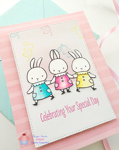 CIC, Quillish, water colouring, Zig clean colour brush pens, Mftstamps, Birthday card, MFT Somebunny stamps set, MFT watercolour background cling stamp, Easter Birthday