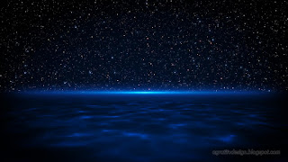 Blue Light Beam In The Dark On The Water Surface With Starry Sky Of The Space