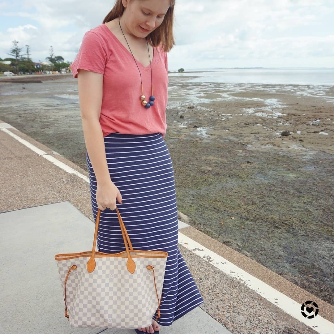 Away From Blue  Aussie Mum Style, Away From The Blue Jeans Rut: Weekday  Wear Link Up: Pink Tees and Blue Printed Maxi Skirts with Louis Vuitton  Neverfull