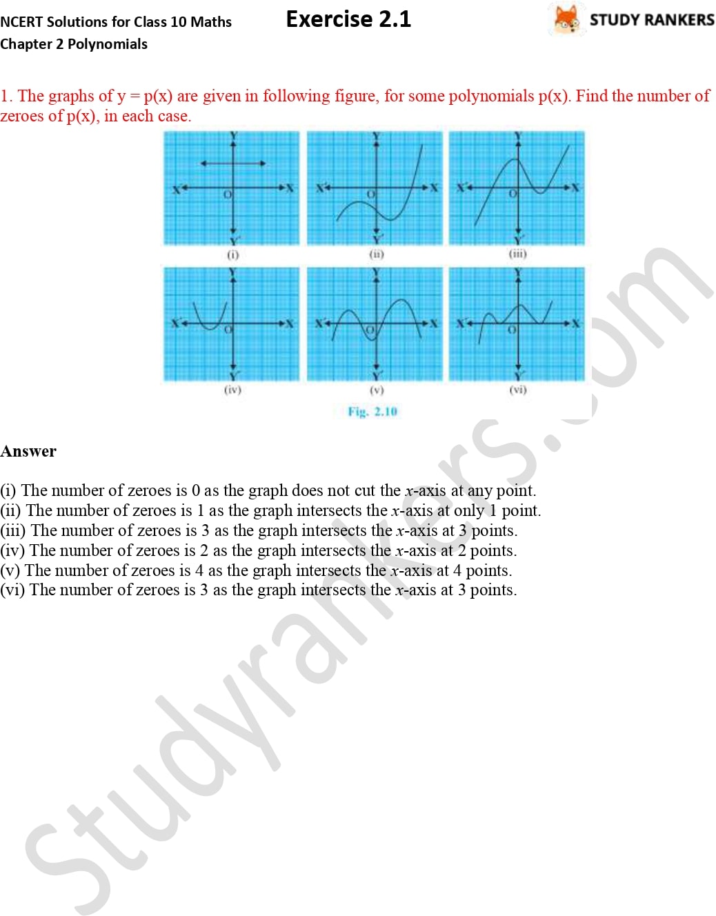 NCERT Solutions for Class 10 Maths Chapter 2 Polynomials Exercise 2.1 NCERT Solutions for Class 10 Maths Chapter 2 Polynomials Exercise 2.1