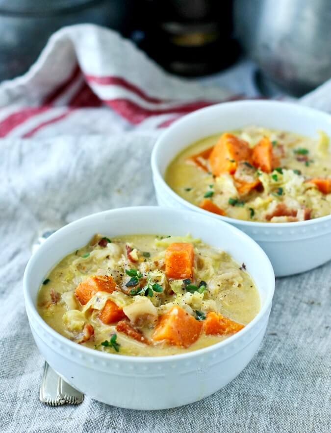 Sweet potato soup topped with thyme