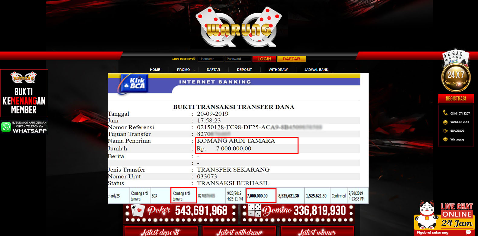 Selamat Kepada Member Setia WARUNGQQ Withdraw RP 7.000.000