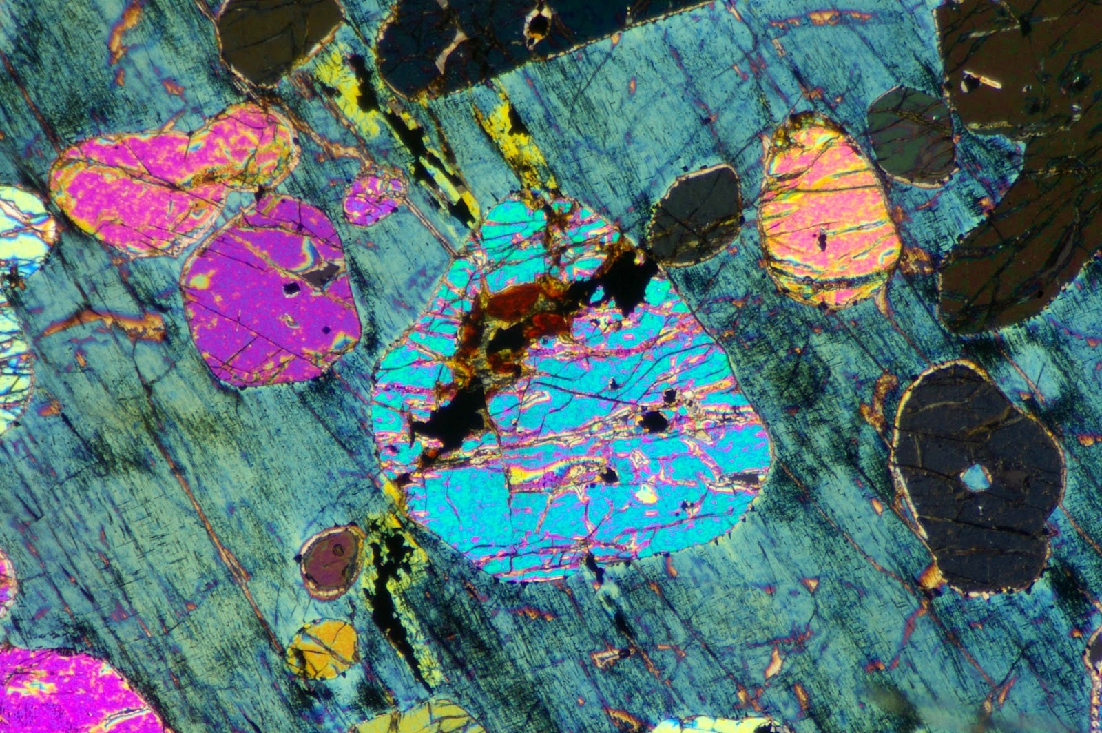 Peridotites: Rounded olivine grains in peridotite of the Los Pinos pluton.