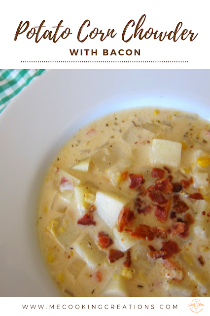 Creamy potato corn chowder with bacon. Hearty and comforting, easy recipe. #cornchowder #soup #chowder