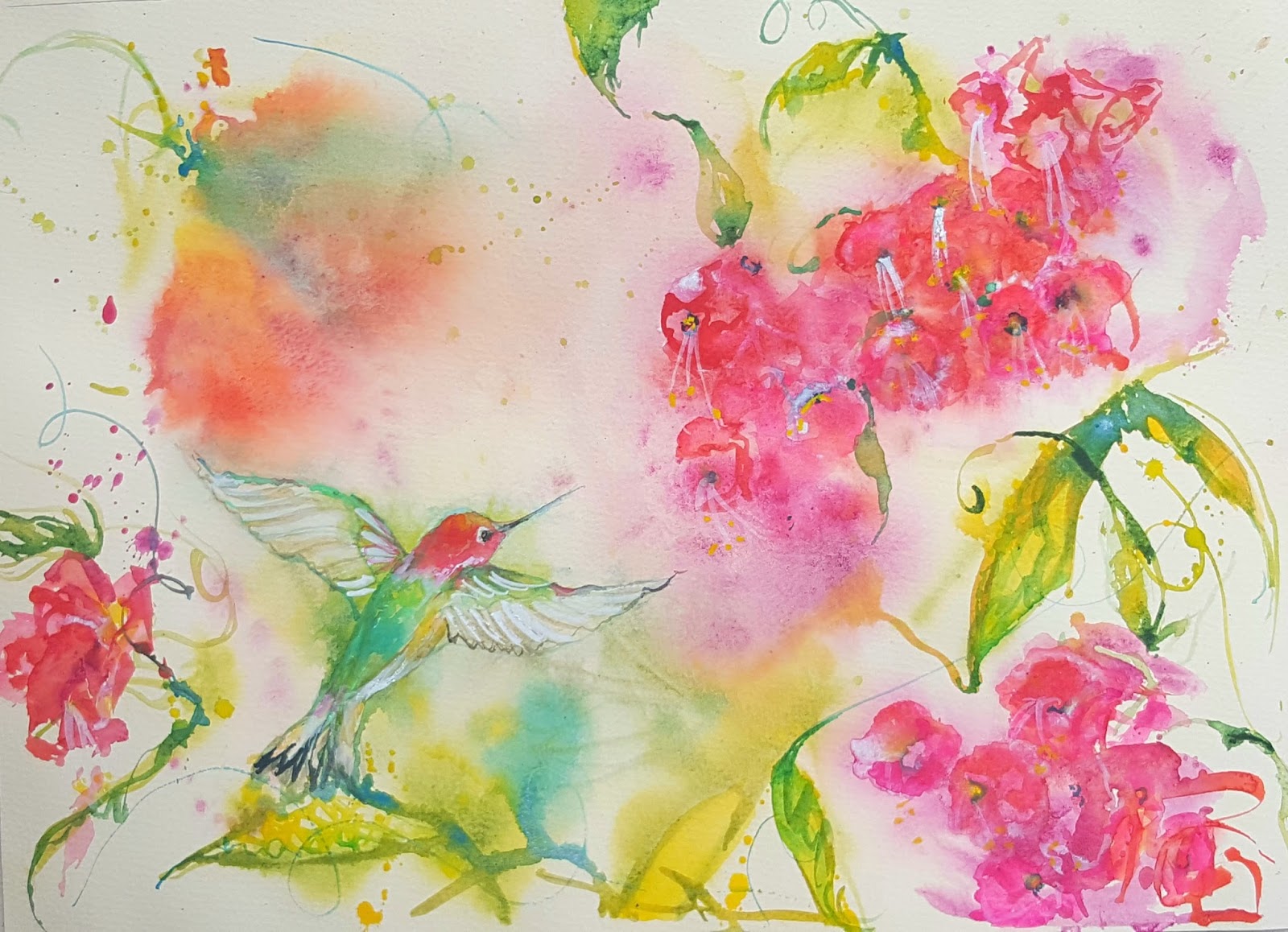 Watercolor Artists International Hummingbird In Fuschia Garden