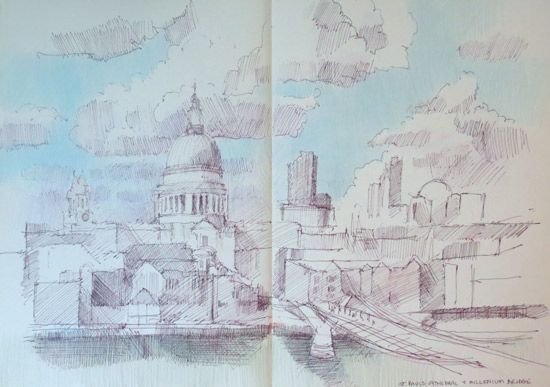 Sketch of City of London, St Paul's cathedral andMillennium Bridge in pen and ink