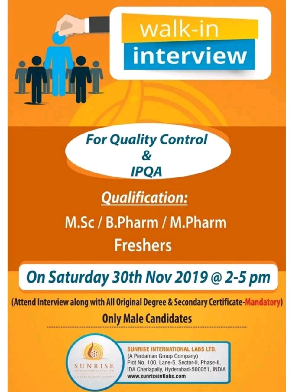 Sunrise Labs Walkin for Freshers on 30 Nov 2019 Pharma Jobs for