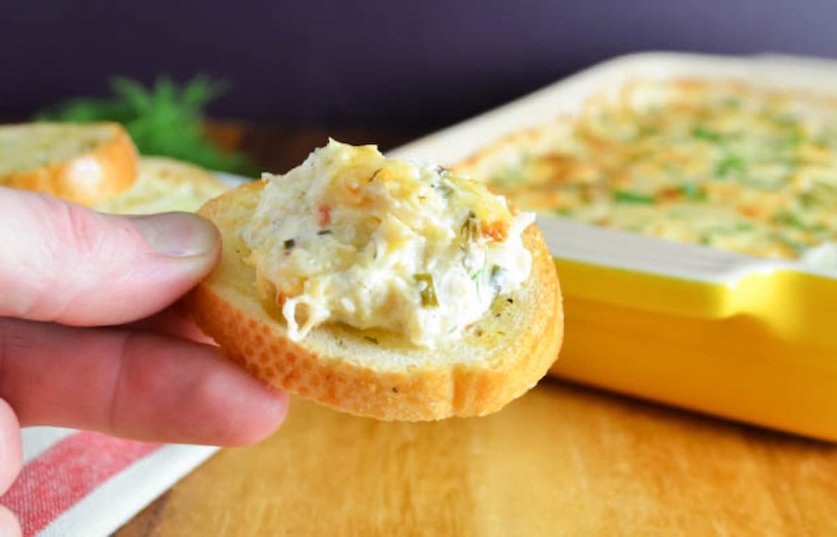 Hot Dungeness Crab Dip on a baguette.