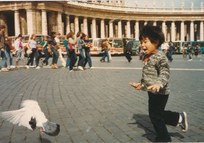 4 years. Always a train in hand (St. Peter's Square in Rome)