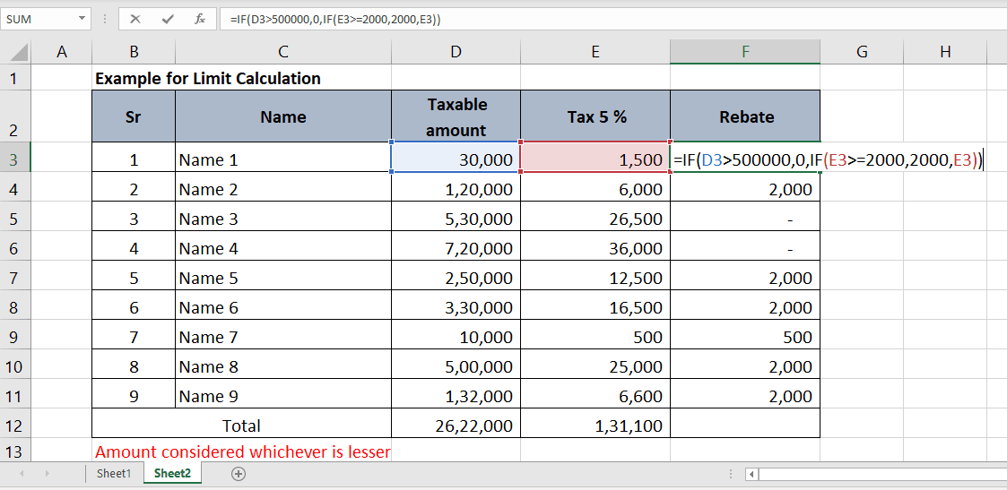 If Formula In Excel Example For Value Base Calculation Tax Rebate