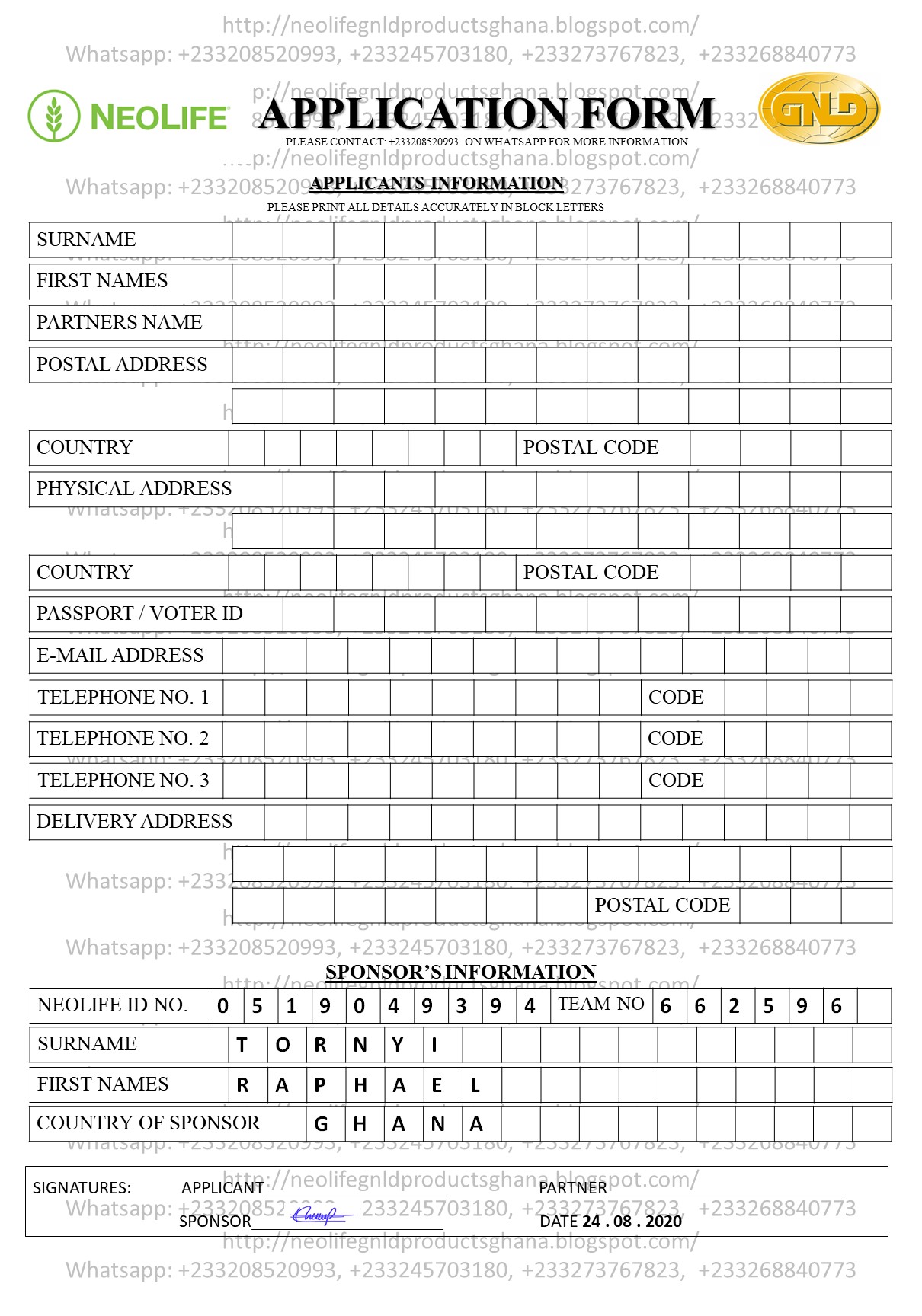 Neolife Application Form; How to join +233208520993, +233245703180