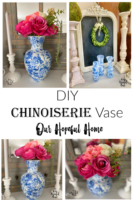 chinoiserie vase with pink flowers on mantel collage