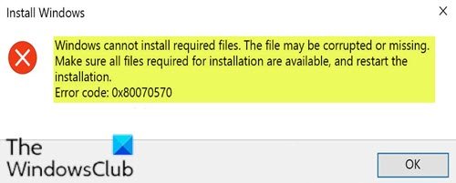 Windows не может установить необходимые файлы, код ошибки 0x80070570