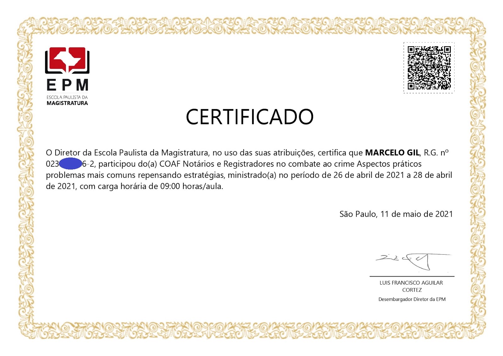 CERTIFICADO CONCEDIDO À MARCELO GIL PELA ESCOLA PAULISTA DA MAGISTRATURA / 2021