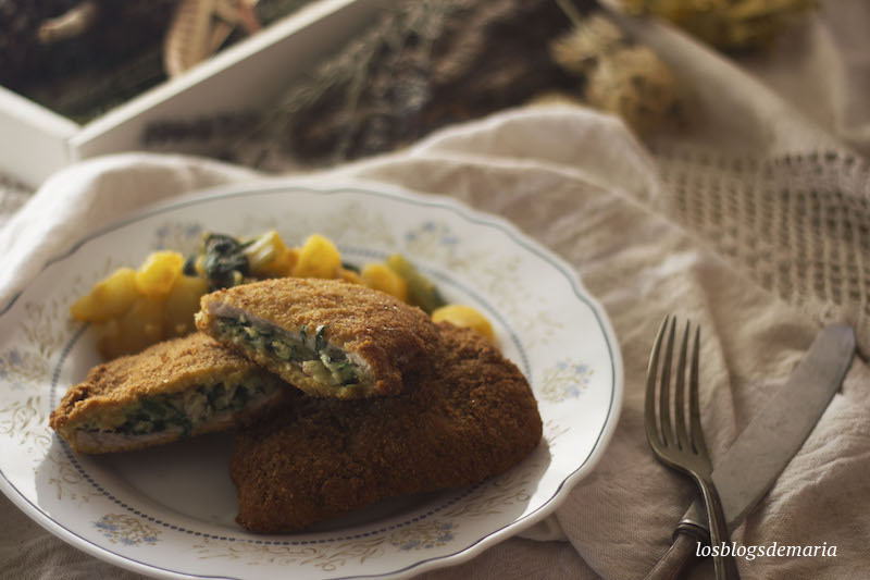 Filetes de lomo con acelgas empanados