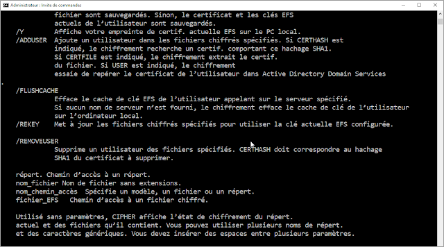 Chiffrer des fichiers et des dossiers avec le système de cryptage de fichiers EFS avec la commande cipher sous Windows 10 cipher, commande, crypter, chiffrer, EFS, cryptage, protéger, certificat, clé, NTFS, protection des données, sécurité, dossier, fichier, système, Windows 10, administration, turcs et astuces