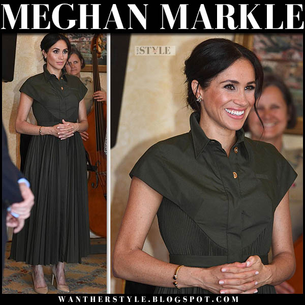 Meghan Markle in khaki green pleated shirt dress in Sydney on October ...