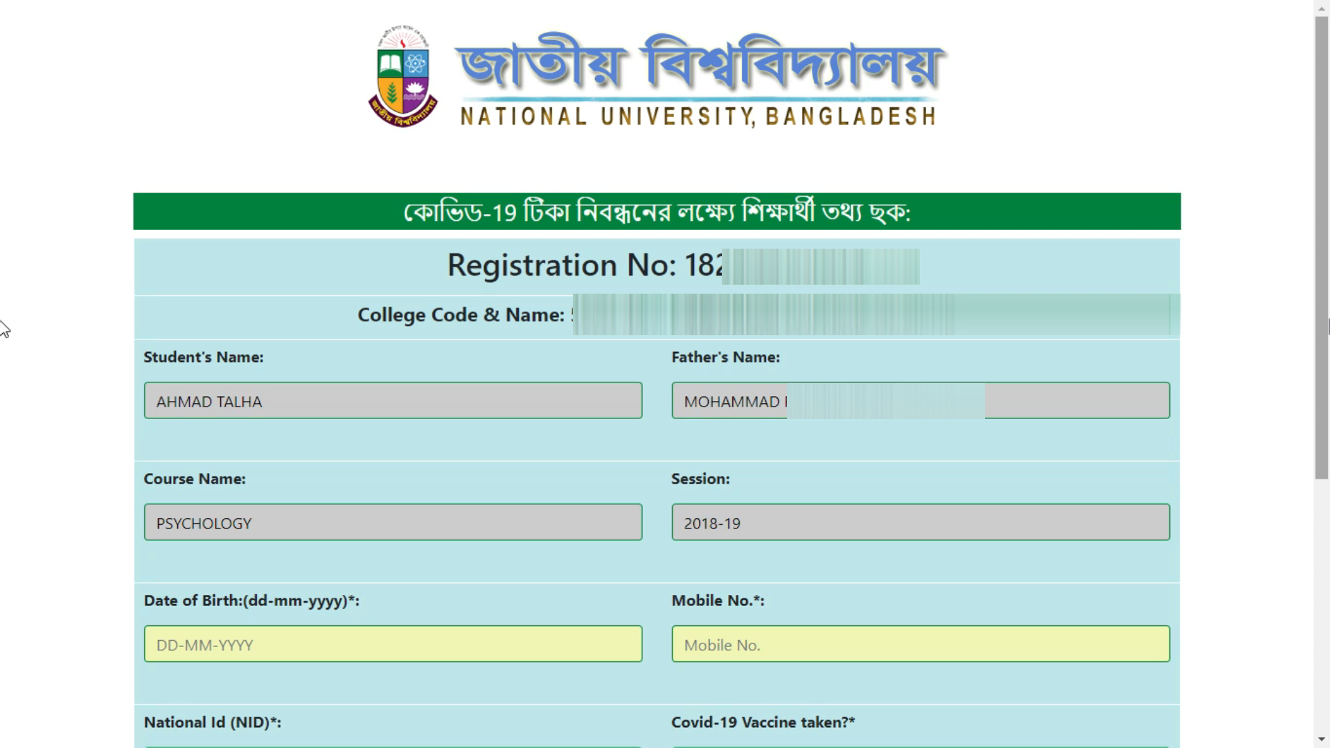 NU Student Corona Vaccine Registration