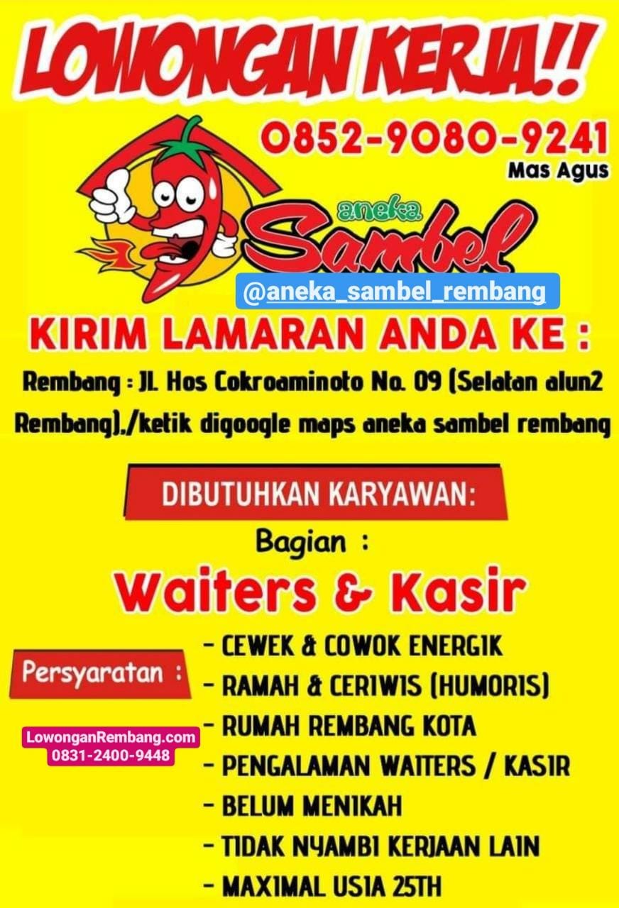 Lowongan Kerja Waiters Dan Kasir Aneka Sambel Rembang Tanpa Syarat Pendidikan Lowongan Kerja Waiters Dan Kasir Aneka Sambel Rembang Tanpa Syarat Pendidikan