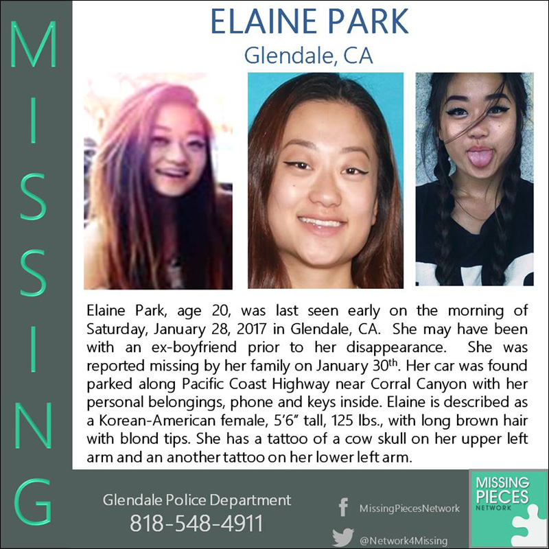 Missing: 20-year-old Elaine Park, last seen January 28