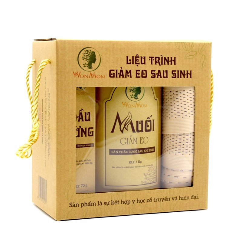 Wonmom Liệu trình giảm eo sau sinh (1 Hộp muối quấn bụng + 1 dầu gừng + 1 gen nịt bụng + 1 đai quấn muối)