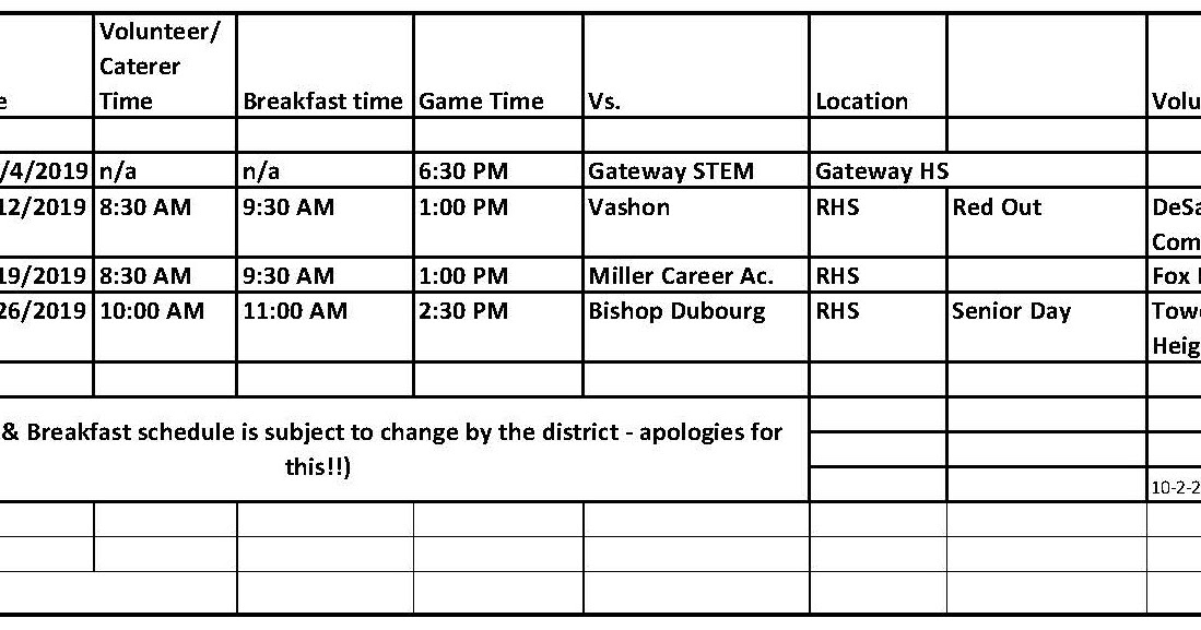 Roosevelt Football Game & Breakfast schedule as of 1022019