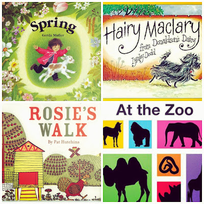 Collage of four book covers of Montessori-friendly toddler books