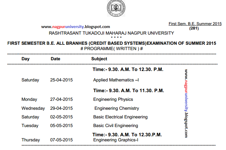 B.E First Semester (1st Year) (CBS) Time Table Summer 2015 RTMNU