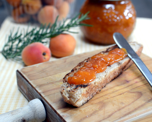 Easy Apricot Jam with Rosemary ♥ KitchenParade.com, a small batch, no canning required.