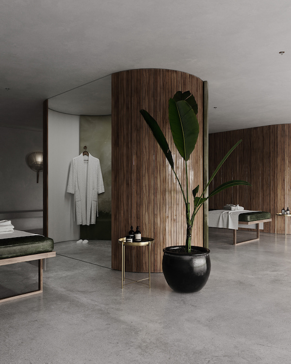 A partition wall of wood and green onyx in this Spa | 3D render