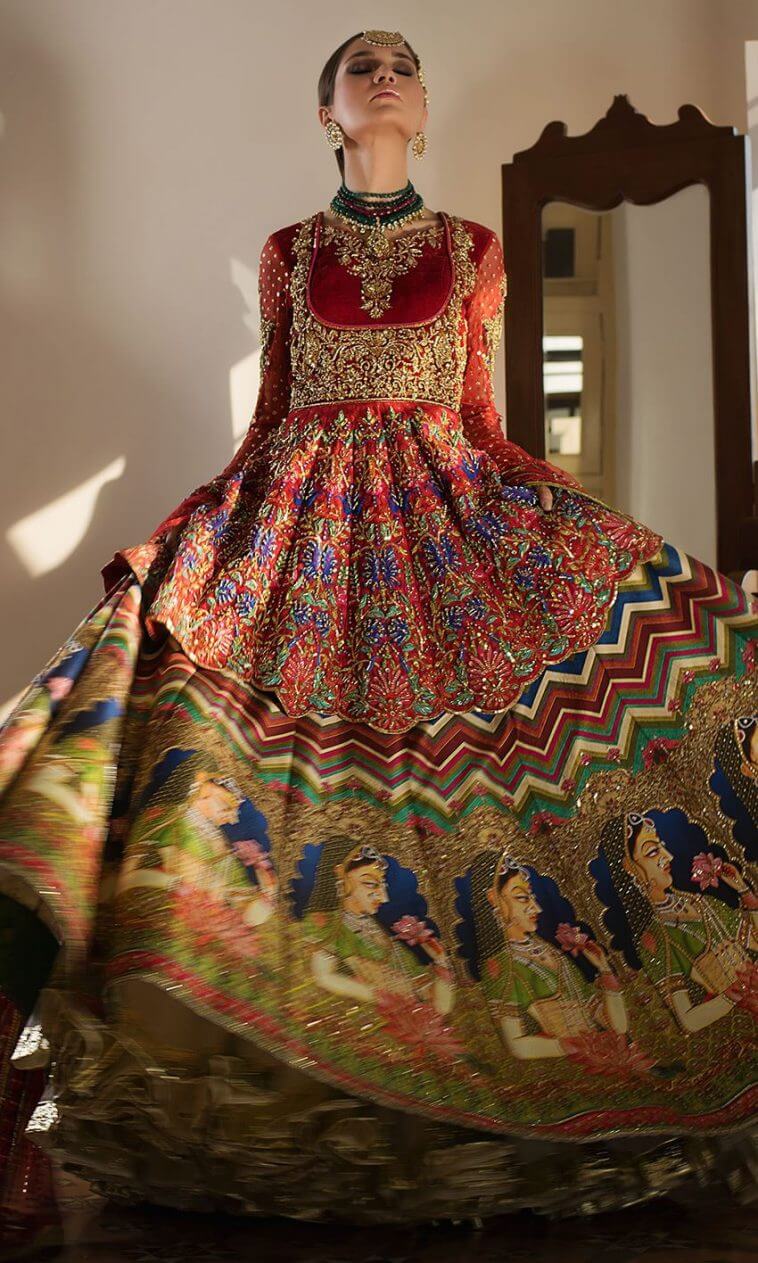 Bright red Pakistani bridal lehnga Mughaleazam by Nomi Ansari