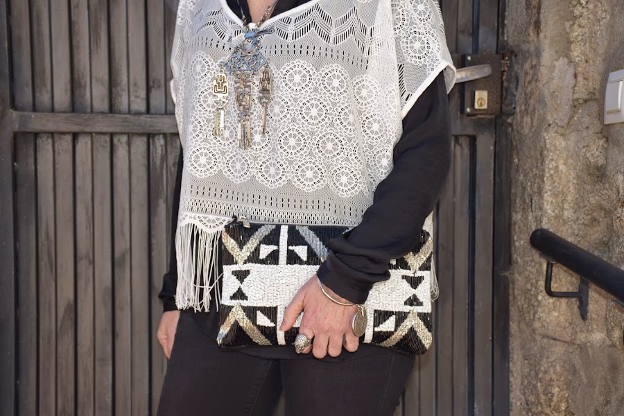 fringed crop top oversize flared pants black and white seventies