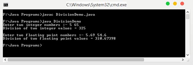 Program in Java to Divide two numbers
