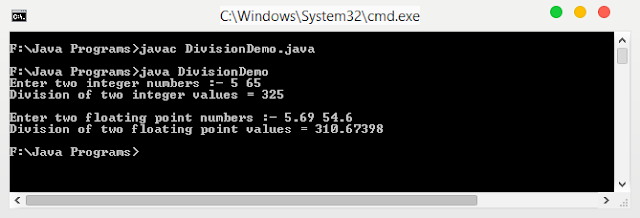Program in Java to Divide two numbers