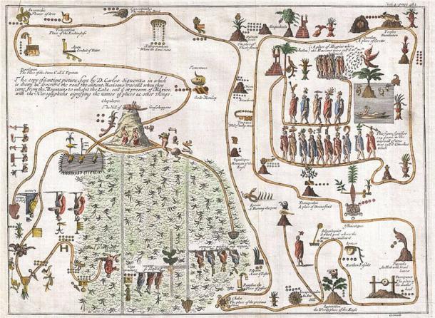 Questa insolita mappa del 1704, disegnata da Giovanni Francesco Gemelli Careri, è la prima rappresentazione della leggendaria migrazione azteca da Aztlan, un misterioso paradiso da qualche parte a nord-ovest del Messico, a Chapultepec Hill, attualmente Città del Messico.
