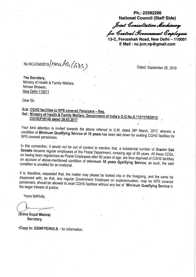 Secretary NCJCM (Staff Side) wrote letters to Government on various