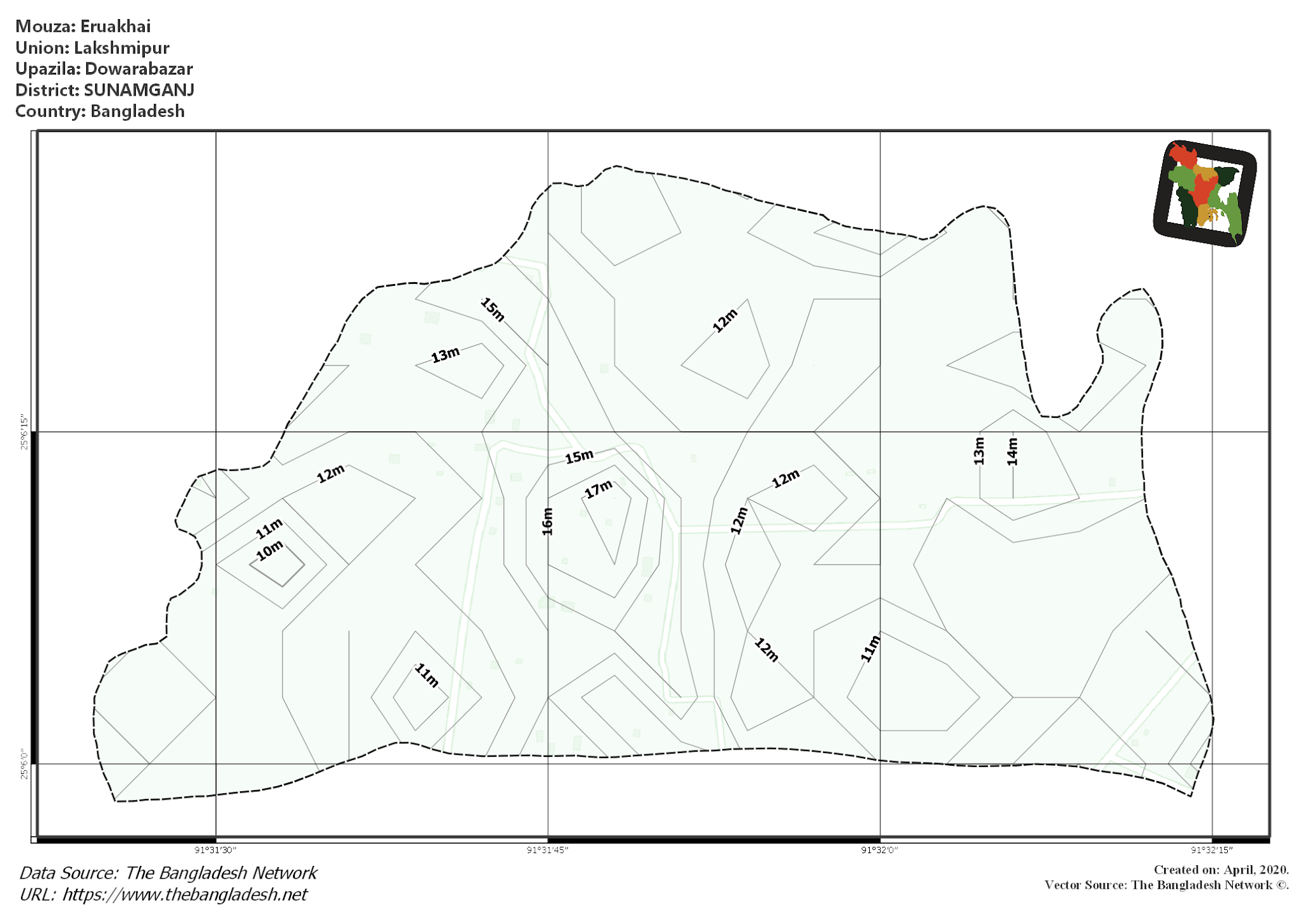 Map of Eruakhai Mouza of Dowarabazar Upazila, SUNAMGANJ, Bangladesh.