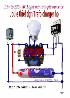 skema joule thief 1,5v to 220v ac led light