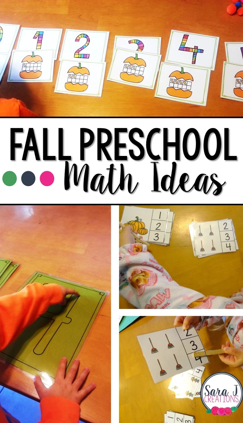 Ideas for fall preschool math practice for preschoolers that focuses on counting and numbers.
