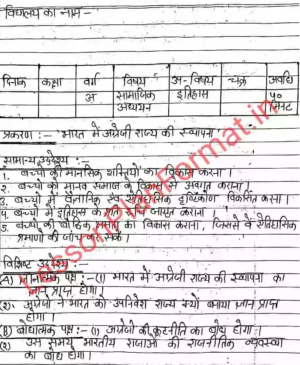 History Lesson Plan for B.ed in HIndi Social Studies
