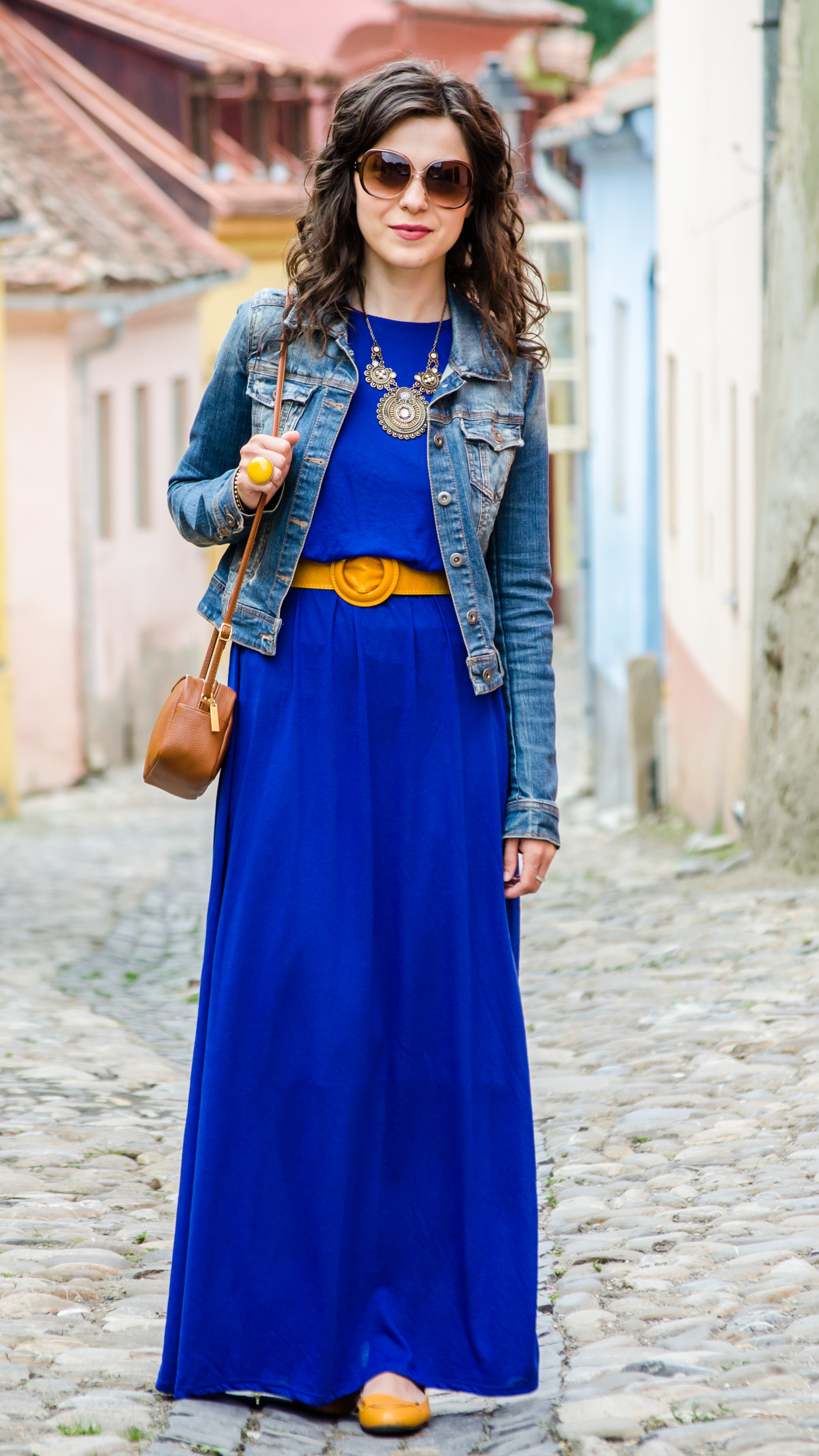 Miss Green has a new home Maxi blue dress & hints of mustard