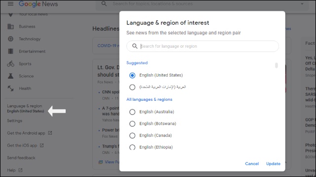 Google News - Language & Region