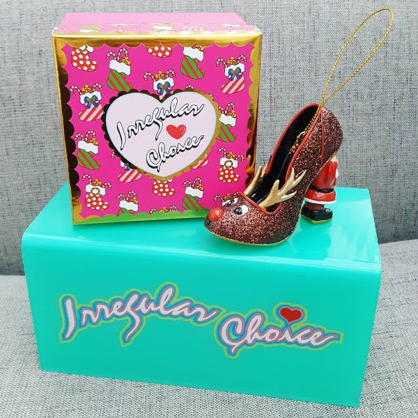 reindeer and santa themed shoe bauble with box on Irregular Choice stand