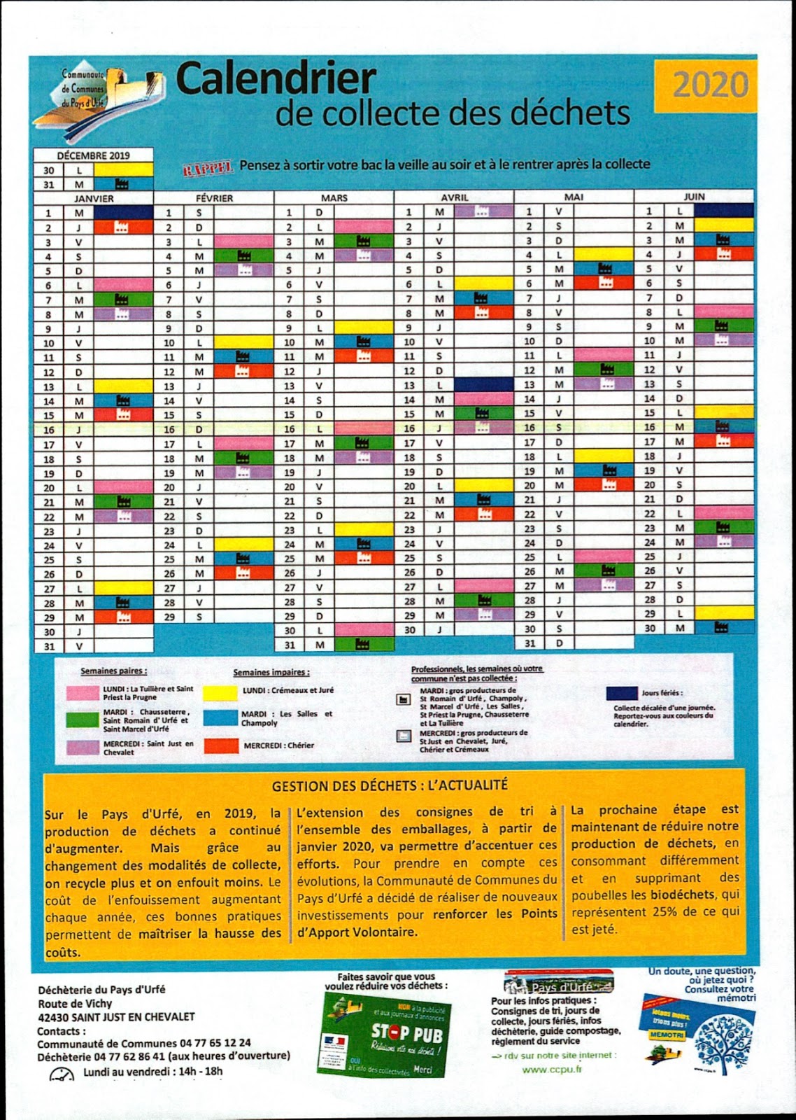 Juré: Calendrier de collecte des ordures ménagères 2020 Juré: Calendrier de collecte des ordures ménagères 2020